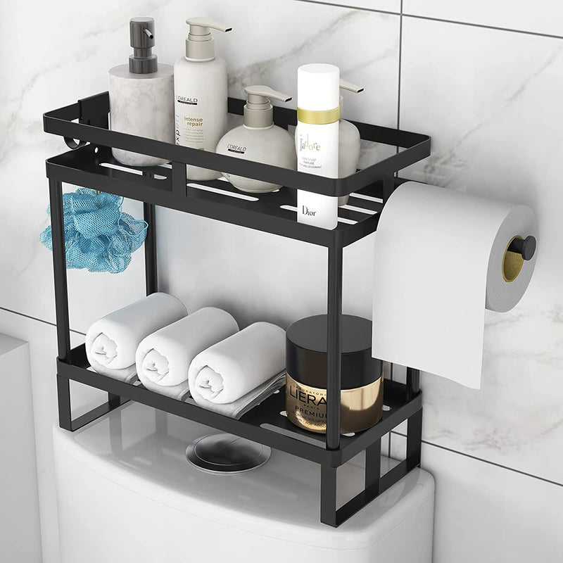 Over the Toilet Storage Shelf, 2 Tier Bathroom Hanging Storage Shelves, Iron Toilet Tank Organizer with Paper Towel Holder, Large Space Saver with No Drill Adhesive Hooks, 4Pcs Sticker Bases, White Home & Garden > Household Supplies > Storage & Organization Taaji Black  