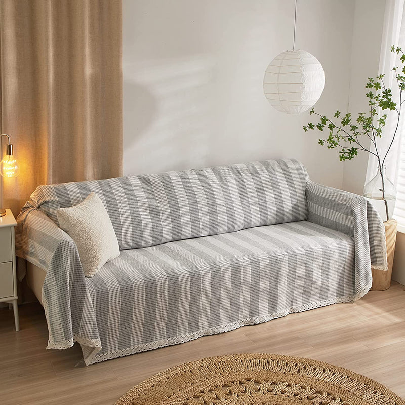 DREAMINGO Boho Couch Cover Geometric Jacquard Sofa Covers for 3 Cushion Couch with Tasse Farmhouse Furniture Couch Protector for Dogs Cats Pet Universal Retro Sectional Couch Covers L Shape, 71"X134" Home & Garden > Decor > Chair & Sofa Cushions DREAMINGO Gray Striped X-Large 71" x 134" 