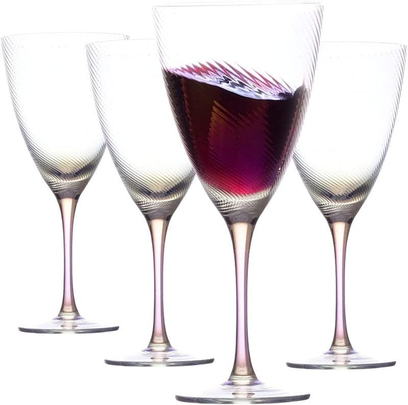 Red Wine Glasses Set of 4-Hand Blown Burgundy Glasses-15 OZ Ribbed Design Iridescent Drinkware for Valentine'S Day, Anniversary, Birthday or Daily Use