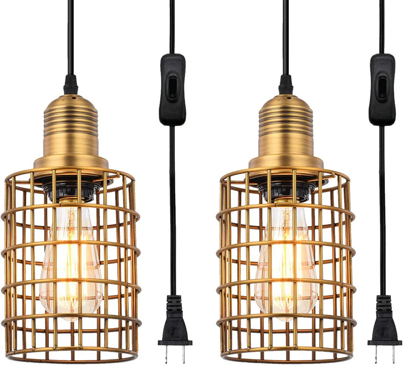 Topotdor Pendant Light with Plug in Cord 2 Pack,Vintage Adjustable Industrial Hanging Cage Lighting E26 Edison Plug in Light Fixture On/Off Switch (Gold)