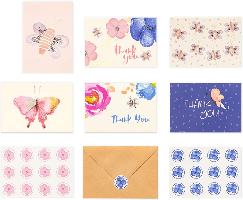 OUTSHINE Blank Note Cards with Envelopes and Seals in Storage Box - Set of 36 (Bee & Butterfly) | 3.5" X 5" Blank Cards with Envelopes All Occasion | Greeting Cards, Thank You Cards, Birthday Cards Home & Garden > Household Supplies > Storage & Organization OUTSHINE pinks and blues  