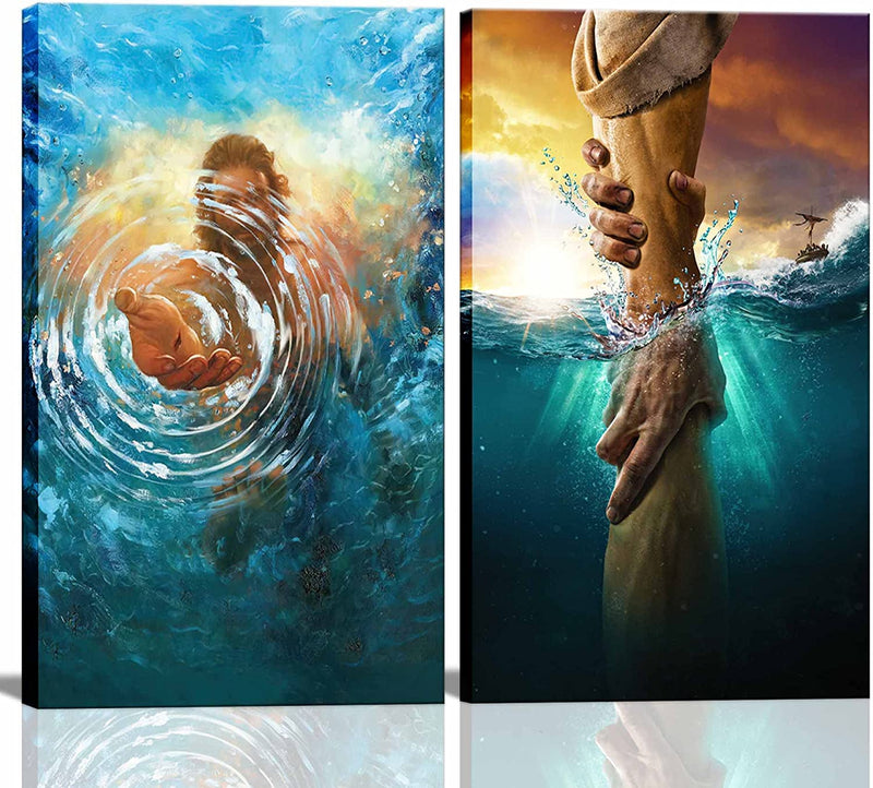 2 Pcs Framed Jesus Wall Art the Hand of God Jesus Reaching into Water Christ Religion Canvas Wall Decor Blue Ocean Bible Pictures Posters Prints Paintings for Living Room Bedroom Church Decorations Ready to Hang Home & Garden > Decor > Artwork > Posters, Prints, & Visual Artwork Donahue Art Blue 12×16in×2 Framed 