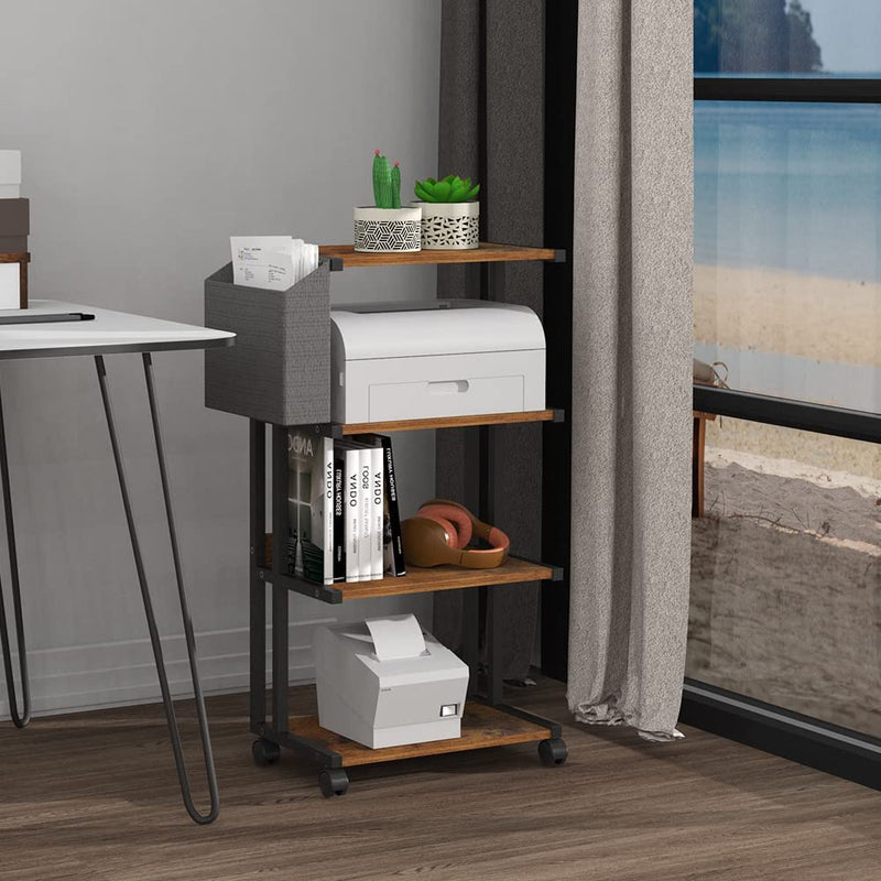 Espelism Premium 4-Tier Rolling Printer Stand Cart with Storage Bag Wooden Printer Table Shelf File Organizer Deskside Stand for Home Office Kitchen Bedroom (Brown)