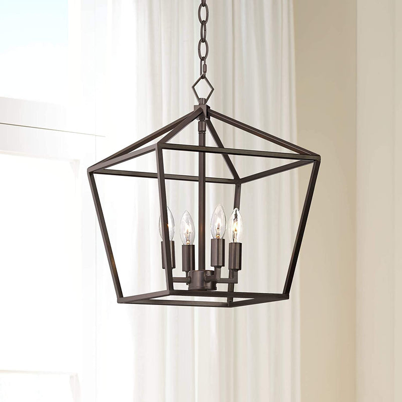 Franklin Iron Works Queluz Brushed Nickel Small Pendant Chandelier 13" Wide Industrial Farmhouse Geometric Cage Frame 4-Light Fixture Dining Room House Bedroom Kitchen Island Hallway High Ceilings Home & Garden > Lighting > Lighting Fixtures > Chandeliers Lamps Plus Brown  