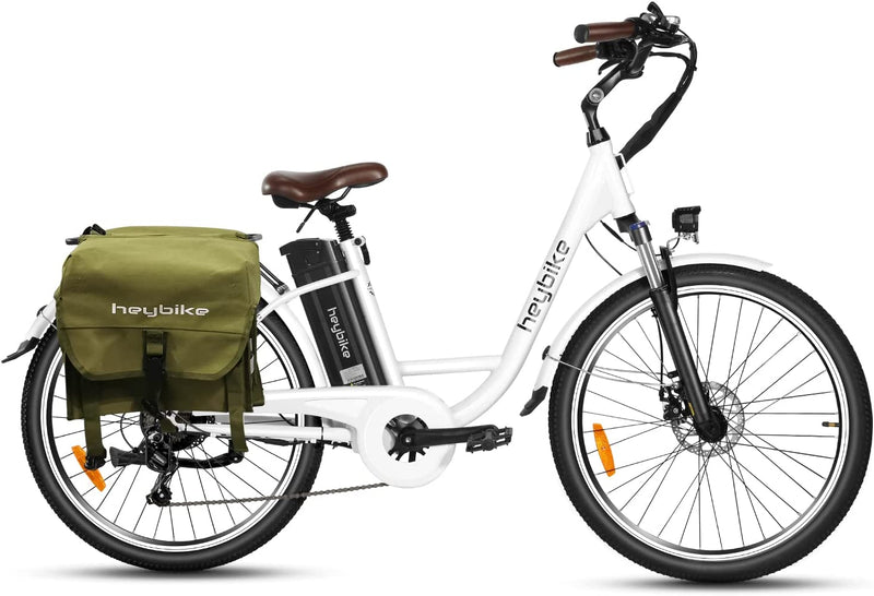 Heybike Cityscape Electric Bike 350W Electric City Cruiser Bicycle up to 40 Miles Removable Battery, Shimano 7-Speed and Dual Shock Absorber, 26" Electric Commuter Bike for Adults Sporting Goods > Outdoor Recreation > Cycling > Bicycles Heybike White With Green Saddlebag 