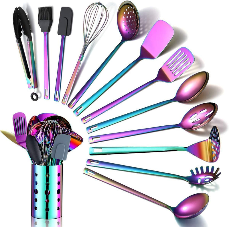 Rainbow Kitchen Utensils Set,13 Pieces Stainless Steel Cooking Utensils Set with Titanium Rainbow Plating,Kitchen Tools Set with Utensil Holder for Non-Stick Cookware Dishwasher Safe (13 Packs) Home & Garden > Kitchen & Dining > Kitchen Tools & Utensils BERGLAND A.13 Pieces  