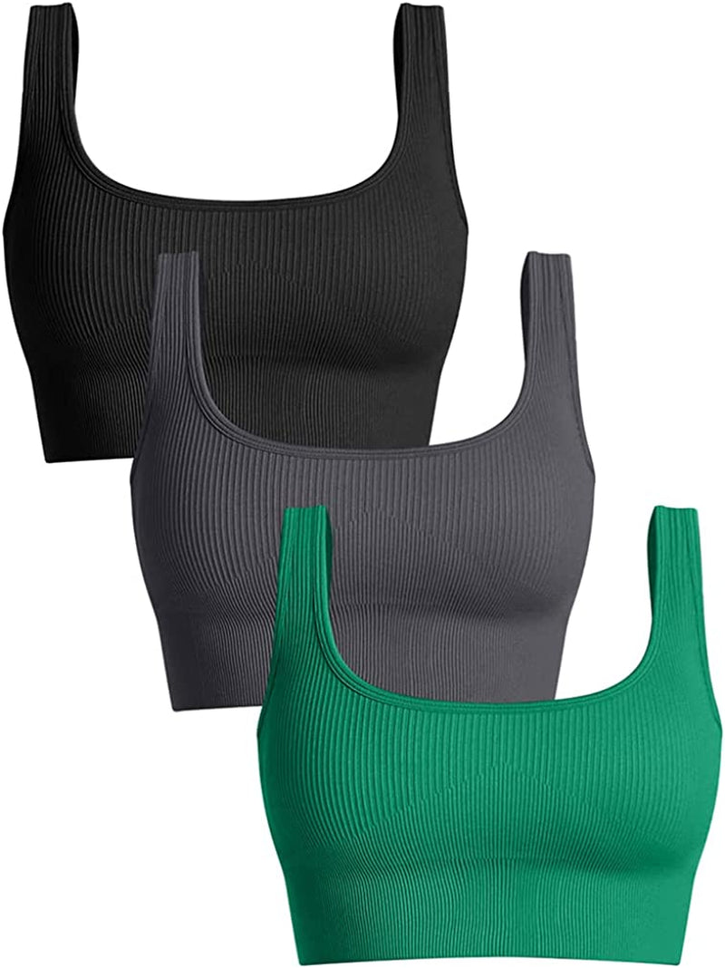 OQQ Women'S 3 Piece Medium Support Tank Top Ribbed Seamless Removable Cups Workout Exercise Sport Bra Sporting Goods > Outdoor Recreation > Winter Sports & Activities OQQ Black Darkgrey Green1 Small 