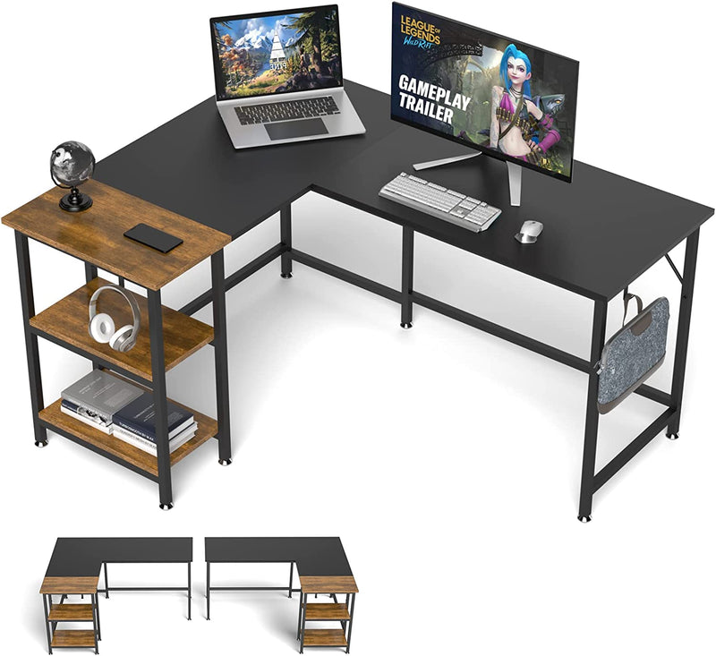 Klvied L Shaped Desk for Home Office, Double Color L Table with Storage Shelves, Reversible Corner Computer Desk, Space-Saving Desk Workstation, Industrial Simple Wooden Writing Table, Black Home & Garden > Household Supplies > Storage & Organization Klvied   