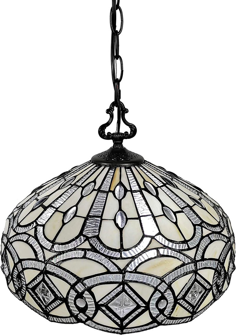 Tiffany Style Hanging Pendant Lamp 16" Wide Stained Glass White Jeweleds Beads Mahogany Antique Vintage Light Decor Restaurant Game Living Dining Room Kitchen Gift AM295HL16B Amora Lighting Home & Garden > Lighting > Lighting Fixtures Amora   