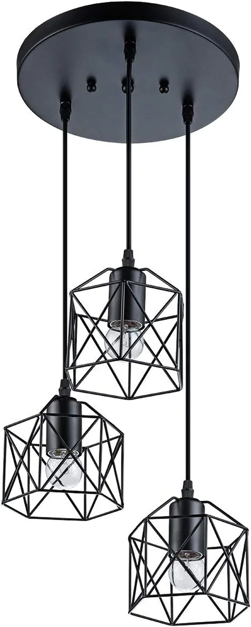 VILUXY Industrial 3-Light Pendant Lighting, with Black Metal Cage Shade, Adjustable Pendant Light for Kitchen Living Room Bedroom Hallway or Bar