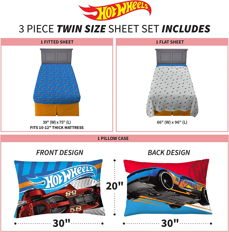 Franco Kids Bedding Super Soft Sheet Set, 3 Piece Twin Size, Hot Wheels