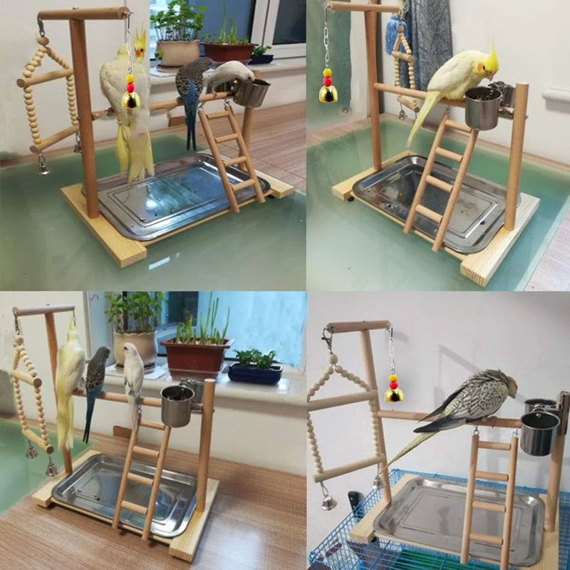 Parrot Playstand,Wooden Bird Playground Playpen Play Gym Training Perch Platform Hanging Cage Climbing Ladder Ramp Chew Exercise Toy with Feeder Cups for Small Budgies Parakeet Cockatiel Conure