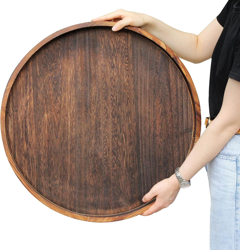Gurfuy Extra Large round Ottoman Table Tray 24" - Rustic Wooden Serving Tray for Farmhouse Decorative Oversized Coffee Table Trays Living Room Kitchen Counter Breakfast Brown  Gurfuy   