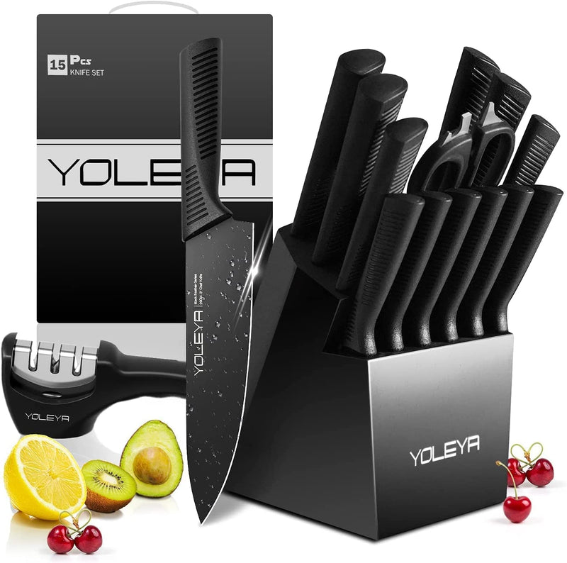 Knife Set,Yoleya 15 Pieces Kitchen Knife Set Non Stick Coating Knife Set with Block,Professional Knives Set for Kitchen