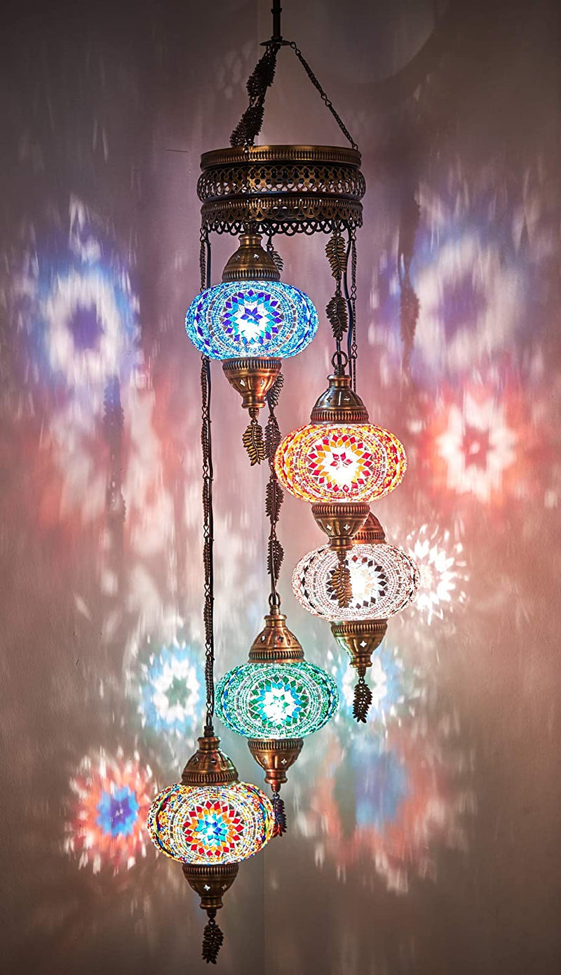 DEMMEX Turkish Moroccan Mosaic Hardwired or Swag Plug in Chandelier Light Ceiling Hanging Lamp Pendant Fixture, 5 Big Globes (5 X 7 Globes Swag) Home & Garden > Lighting > Lighting Fixtures > Chandeliers DEMMEX 5 X 7" Globes HardWired  