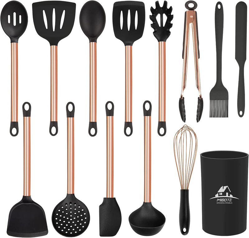MIBOTE 15 Pcs Silicone Kitchen Utensils Set, Cooking Utensils Set with Heat Resistant Bpa-Free Silicone and Stainless Steel Handle Kitchen Tools Set (Black)