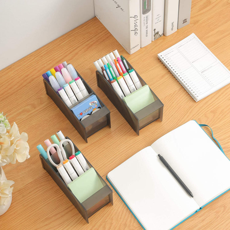 Marbrasse 3 Pcs Big Desk Organizer- Pen Organizer Storage for Office, School, Home Supplies, Translucent White Pen Storage Holder, High Capacity, Set of 3, 12 Compartments (Black Big Pen Holder)