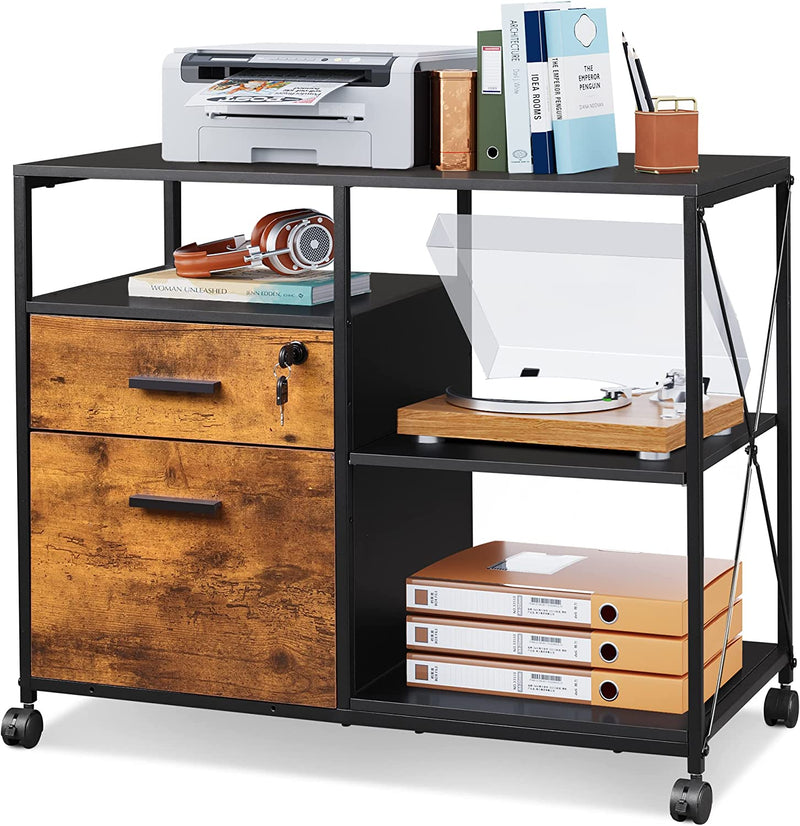 DEVAISE 2 Drawer Wood File Cabinet with Lock, Mobile Printer Stand with Open Storage Shelf, Lateral Filing Cabinet Fits A4 or Letter Size for Home Office, Black Home & Garden > Household Supplies > Storage & Organization DEVAISE Rustic Brown Half Size Board 