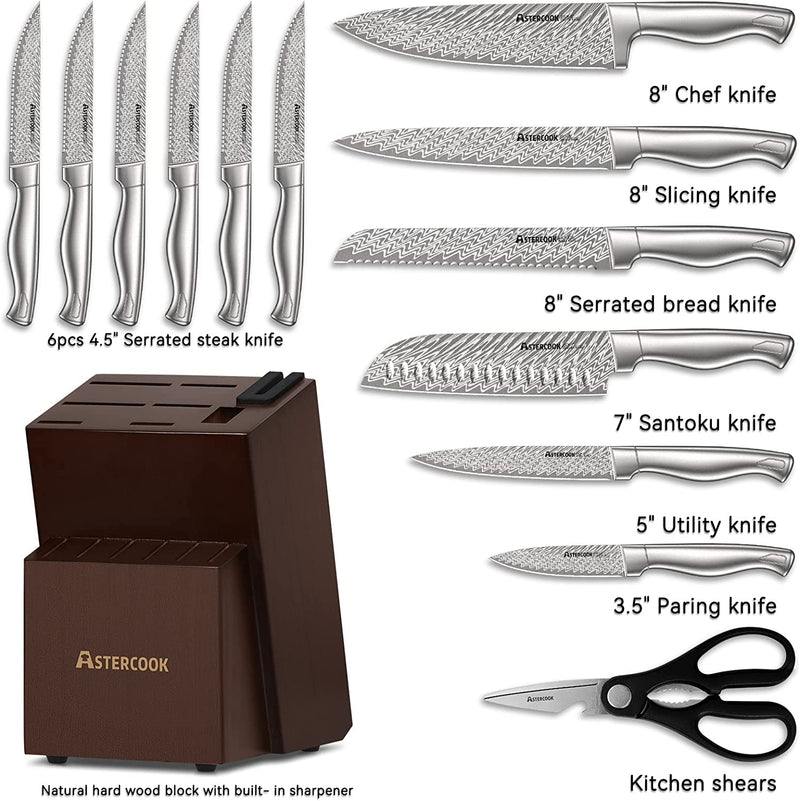 Knife Set, Damascus Kitchen Knife Set with Block, Built-In Knife Sharpener, German Stainless Steel Knife Block Set, Dishwasher Safe