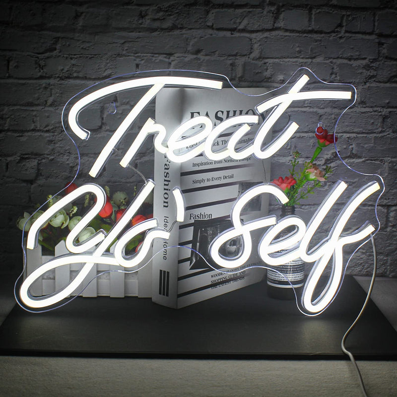 FAXFSIGN the Best Is yet to Come Neon Sign White Letter Led Neon Lights for Wall Decor Usb Word Light up Signs for Bedroom Home Bar Wedding Birthday Party Kids Room Teens Gifts  FAXFSIGN Treat White  