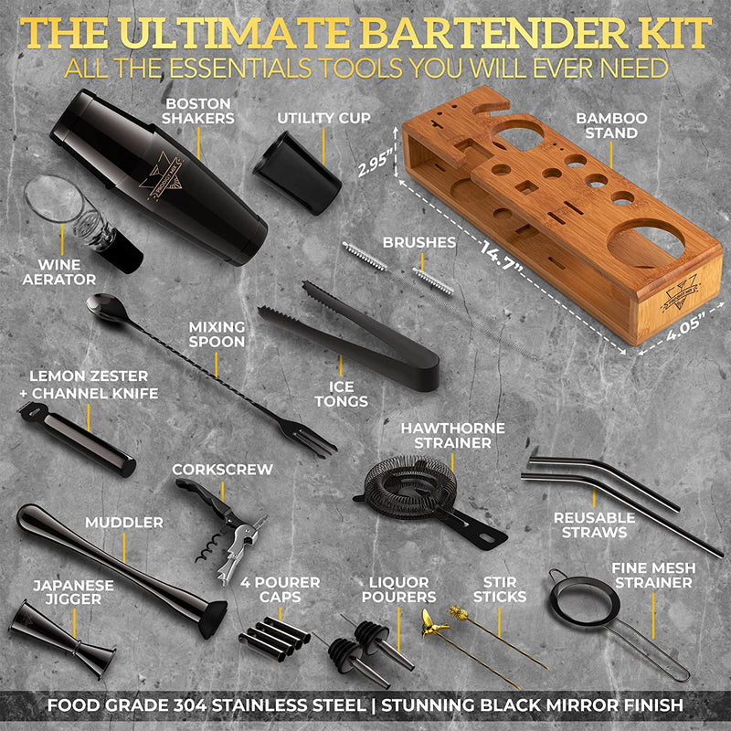 Mixology Bartender Kit: 20-Piece Boston Cocktail Shaker Set with a Stylish Bar Stand Cocktail Set | Perfect Cocktail Kit Black Bar Set, Ideal Bartending Kit for Home Bar Cart Accessories Bar Kit Set Home & Garden > Kitchen & Dining > Barware Prodigy Mix   