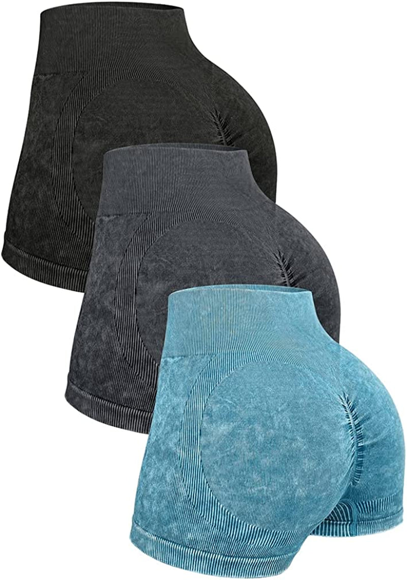 OQQ Women'S 3 Piece High Waist Workout Shorts Ribbed Acid Wash Butt Lifting Tummy Control Ruched Booty Yoga Short Pants Sporting Goods > Outdoor Recreation > Winter Sports & Activities OQQ Black Darkgrey Teal Large 