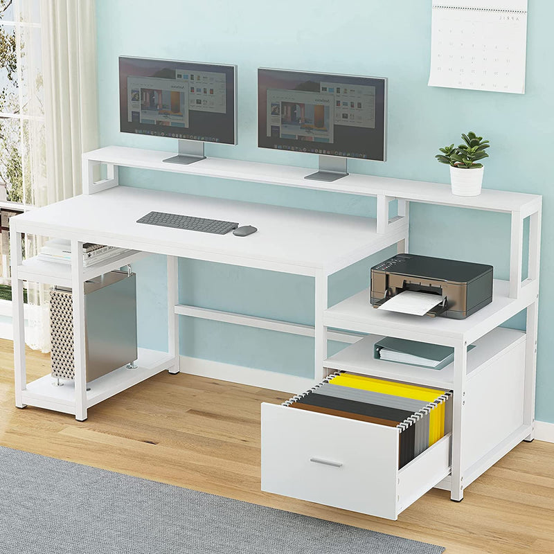 SEDETA Computer Desk with File Cabinet Drawer and Storage Shelves, 66'' Large Home Office Desk with Hutch and Printer Shelf, Computer Table Study Writing Desk Workstation with Monitor Shelf, White Home & Garden > Household Supplies > Storage & Organization SEDETA White  