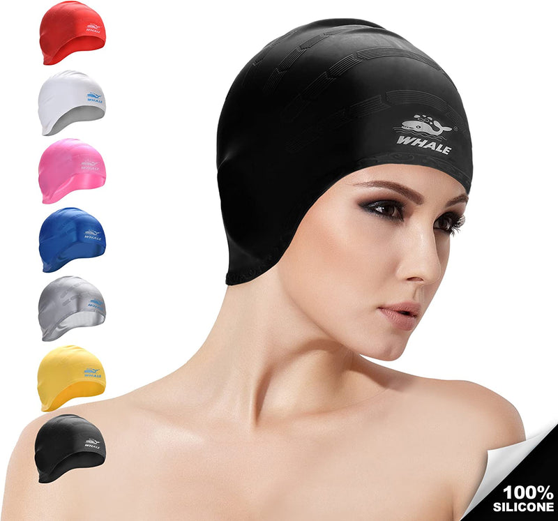 Cover Ears Swim Caps for Long Hair 100% Silicone Swimming Hat for Unisex Adult Kids Reduce Water Intake Makes Your Hair Clean Sporting Goods > Outdoor Recreation > Boating & Water Sports > Swimming > Swim Caps whale blacky  