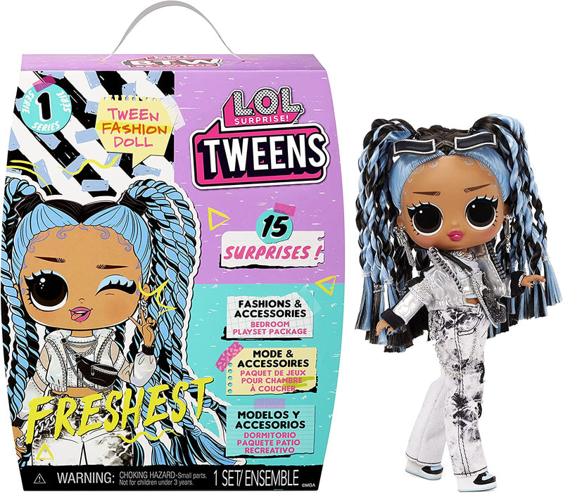LOL Tweens Fashion Doll with 15 Surprises, Blue Hair, Including Stylish Outfit & Accessories with Reusable Bedroom Playset - Gift for Kids, Ages 4+ Years, Multicolor, 6 Inches