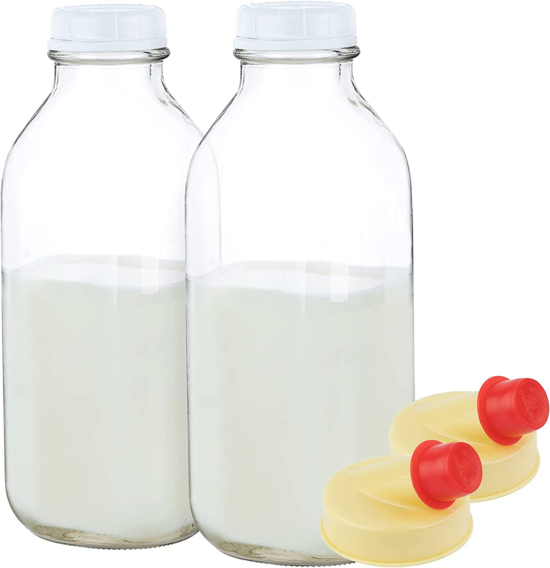 Kitchentoolz 33 Oz Square Glass Milk Bottles with Lids, Perfect Glass Milk Container for Refrigerator - 1 Liter (33 Ounce) Glass Milk Jugs with Tamper Proof Lid and Pour Spout - Pack of 2 Home & Garden > Decor > Decorative Jars kitchentoolz 2 33oz 