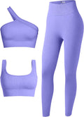 OQQ Women'S 3 Piece Outfits Ribbed Seamless Exercise Scoop Neck Sports Bra One Shoulder Tops High Waist Leggings Active Set Sporting Goods > Outdoor Recreation > Winter Sports & Activities OQQ Purple Large 