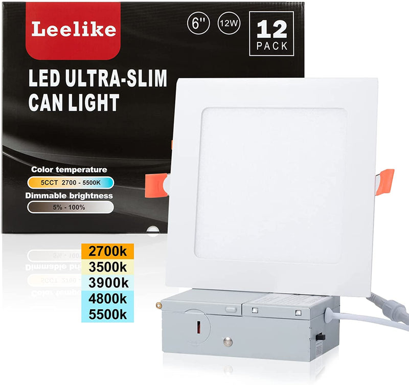 Leelike 12 Pack 6 Inch 12W Dimmable Square LED Can Light Retrofit with Junction Box, 960Lm/Cri85 Ultra Thin LED Downlight 5CCT 2700K-5500K Adjustable with a Simple Switch IC Rated,Etl Certified Home & Garden > Lighting > Flood & Spot Lights Leelike 12PACK  