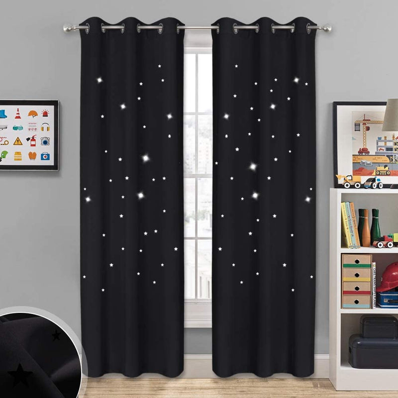 NICETOWN Magic Starry Window Drapes - Laser Cutting Stars Nap Time Blackout Window Curtains for Children'S Room, Nursery, Themed Home, Space-Lovers Decor (W42 X L63 Inches, 2 Pack, Black) Home & Garden > Decor > Window Treatments > Curtains & Drapes NICETOWN Jet Black W42 x L84 