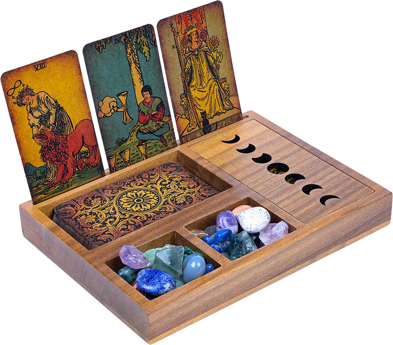 Curawood Tarot Card Holder Stand - Display Your Daily Affirmation Cards - Wooden Tarot Card Stand - Tarot Reading Accessories - Tarot Card Display - Pagan & Wiccan Altar Supplies - Tarot Decor Sporting Goods > Outdoor Recreation > Winter Sports & Activities Curawood 3-Card Stand with Compartment  
