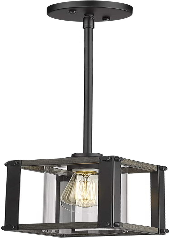 Osimir Farmhouse Glass Pendant Light, 1 Light Cage Hanging Pendant Lighting for Kitchen Island with Clear Glass Shade in Wood and Black Finish, Adjustable Length, CH9180-1A Home & Garden > Lighting > Lighting Fixtures Osimir Square (Wood Grain & Black)  