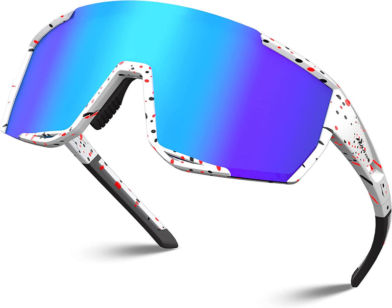 HAAYOT Cycling Glasses Polarized Baseball Sunglasses for Men Women 1 or 5 Lenses Sport Sunglasses for Fishing Driving Running Sporting Goods > Outdoor Recreation > Cycling > Cycling Apparel & Accessories HAAYOT Dots White Frame & Ice Blue Lens  