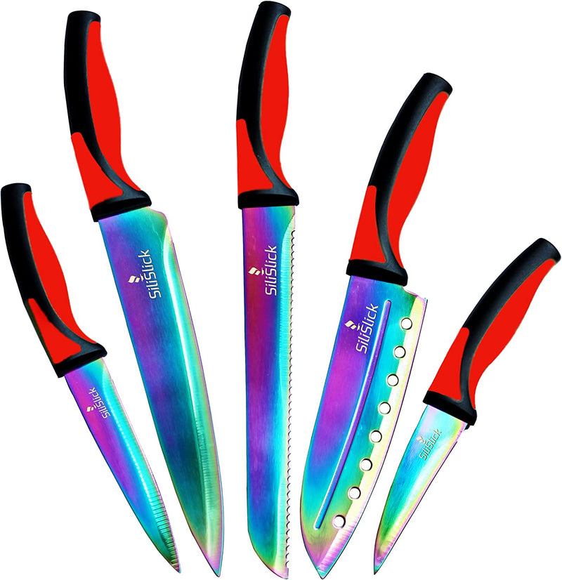 Titanium Coated Rainbow Knife Set - Sharp Stainless Steel Knives Set with Kitchen Utility Knife, Santoku, Bread, Chef, & Paring Knives with Covers - Iridescent Kitchen Accessories - Silislick Home & Garden > Kitchen & Dining > Kitchen Tools & Utensils > Kitchen Knives SiliSlick Red Handle  