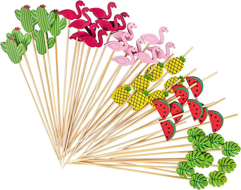 Cocktail Picks, Acerich 200 Pack Bamboo Sticks for Flamingo Party Decorations, Food Picks Toothpicks with Flamingo Pineapple Shapes Cocktail Picks for Drinks