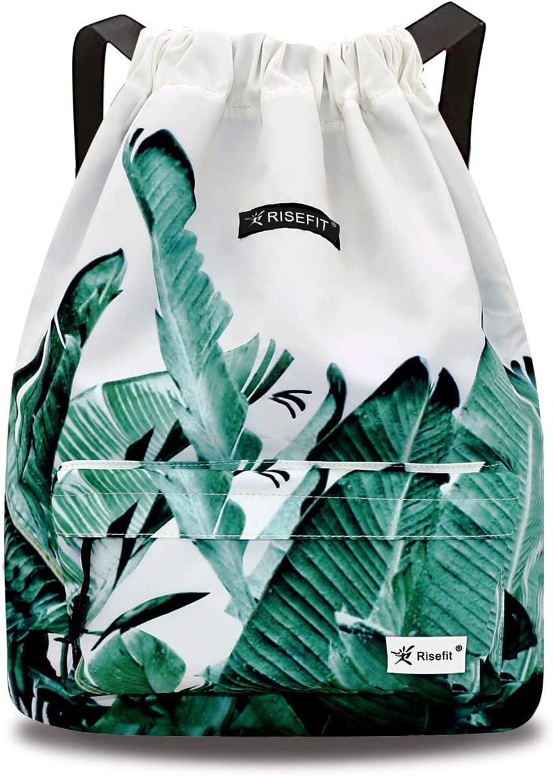 Waterproof Drawstring Bag, Gym Bag Sackpack Sports Backpack for Men Women Girls Home & Garden > Household Supplies > Storage & Organization Risefit 06-white Bnana Leaves  