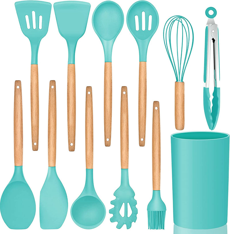 Cooking Utensils Set of 6, E-Far Silicone Kitchen Utensils with Wooden Handle, Non-Stick Cookware Friendly & Heat Resistant, Includes Spatula/Ladle/Slotted Turner/Serving Spoon/Spaghetti Server(Black) Home & Garden > Kitchen & Dining > Kitchen Tools & Utensils E-far Turquoise 12 