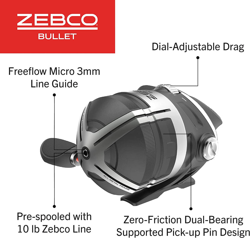 Zebco Bullet Spincast Fishing Reel, Size 30 Reel, Fast 29.6 Inches per Turn, Gripem All-Weather Handle Knobs, Pre-Spooled with 10-Pound Zebco Fishing Line