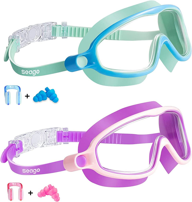 Swim Goggles 2 Pack Anti-Fog Anti-Uv Wide View Swimming Goggles for Kids 3-15 Sporting Goods > Outdoor Recreation > Boating & Water Sports > Swimming > Swim Goggles & Masks Seago Lightgreen & Purple  