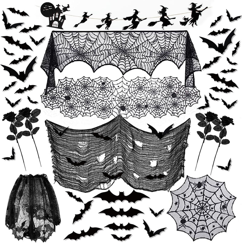 DAZONGE 42PCS Halloween Decorations - Halloween Spider Web Lace Mantel Scarf, Table Covers and Lampshade, Halloween Witches Garland, Creepy Cloth, 3D Bats for Halloween Decorations Indoor  DAZONGE   