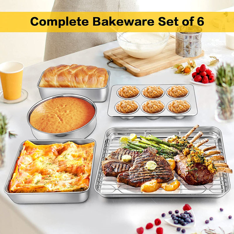 P&P CHEF Baking Pans Bakeware Set of 6, Stainless Steel Bakeware Sets Include Baking Sheet with Rack, round / Square Cake Pan, Loaf Pan & Muffin Pans, Oven & Dishwasher Safe Home & Garden > Kitchen & Dining > Cookware & Bakeware P&P CHEF   