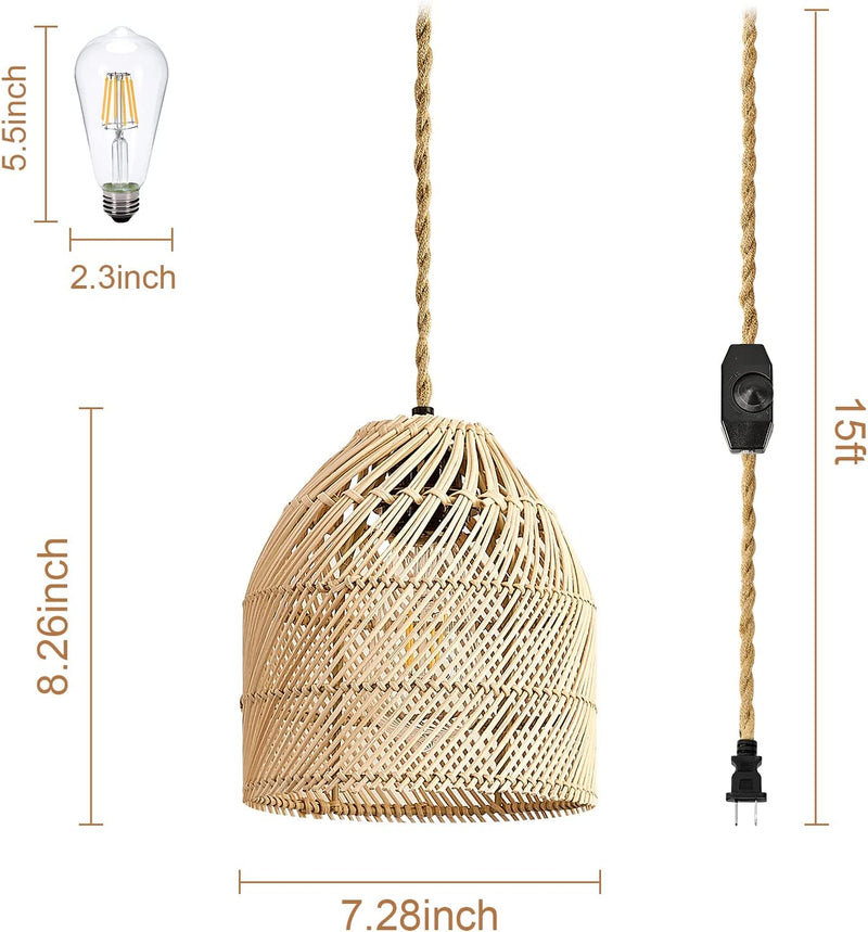 Yarra Decor Rattan Pendant Light with Dimmable Switch, 15Ft Hemp Cord Handwoven Boho Bamboo Rattan Lamp Shade Plug in Hanging Light, Rattan Light Fixture for Kitchen Island,Dining Room(Bulb Included)3 Home & Garden > Lighting > Lighting Fixtures Yarra-Decor   