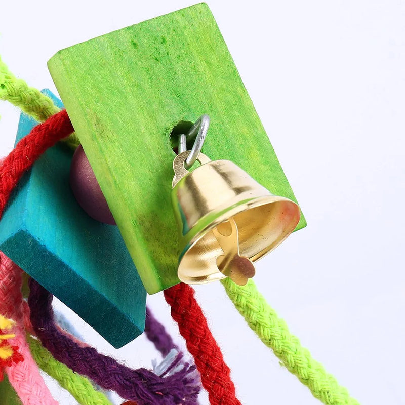LITTLEGRASS Bird Chew Toy with Bells Knots Block Parrot Chewing Toys Natural Colorful Wooden Cage Perch Accessories Hanging Decorative for Parrots African Grey Cockatiels Parakeets Conures Lovebirds Animals & Pet Supplies > Pet Supplies > Bird Supplies > Bird Toys Littlegrass   