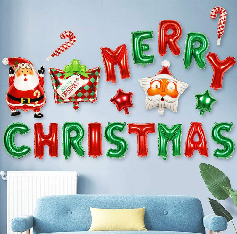 Merry Christmas Balloons Banner 16 Inch Foil Letters Inflatable Party Decor and Event Decorations Supply (Green & Red)