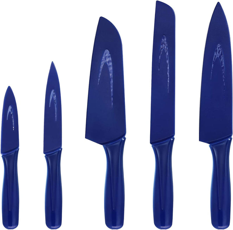Hecef Galaxy Blue Kitchen Knife Set of 5, Non-Slip Metallic Ceramic Coated Chef Knife Set, Hammered Blade with Plastic Handle and Protective Blade Sheath Home & Garden > Kitchen & Dining > Kitchen Tools & Utensils > Kitchen Knives hecef   