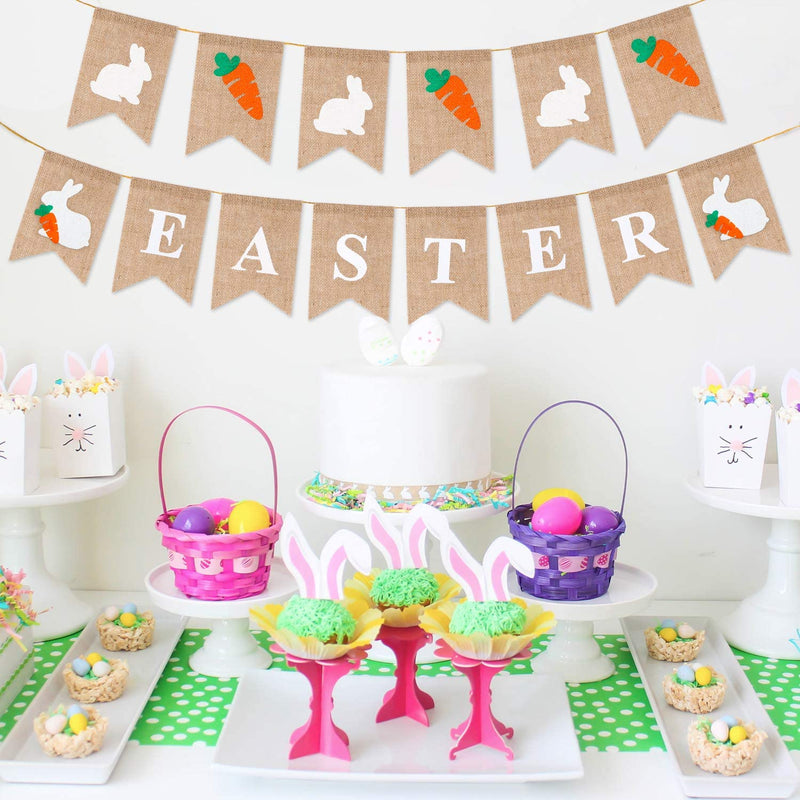 WATINC 2Pcs Easter and Rabbit Burlap Banner, Easter Bunny Carrot Hanging Bunting Garland for Easter Decorations, Spring Themed Party Favors Supplies, Happy Easter Day Home Decor for Mantle Fireplace Home & Garden > Decor > Seasonal & Holiday Decorations WATINC   