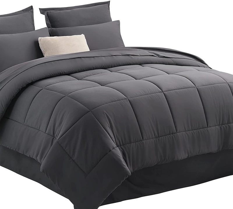 Cottonhouse 8 Pieces Comforter Set Queen Size Bed, Luxury Solid Color Bedding Set with Comforter , Soft Lightweight All Season down Alternative Comforter Set in a Box(Queen, 88"X 88", Grey) Home & Garden > Linens & Bedding > Bedding > Quilts & Comforters COTTONHOUSE King  